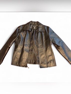 New York & Company Black Vintage Genuine Leather Zip-Front Jacket